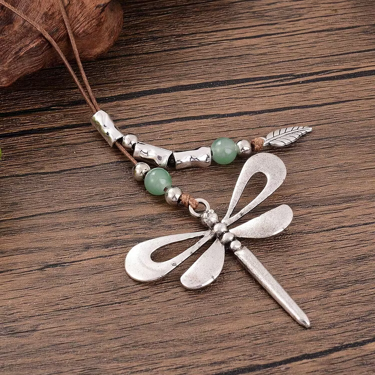 Aoaome Vintage Bohemian Style Metallic Dragonfly Pendant Leather Cord Necklaces