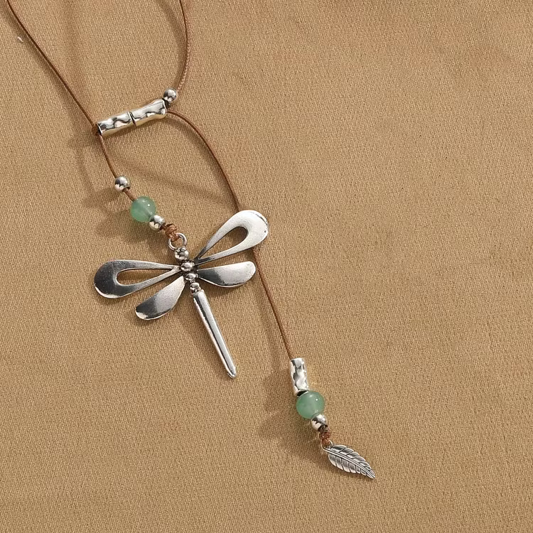 Aoaome Vintage Bohemian Style Metallic Dragonfly Pendant Leather Cord Necklaces
