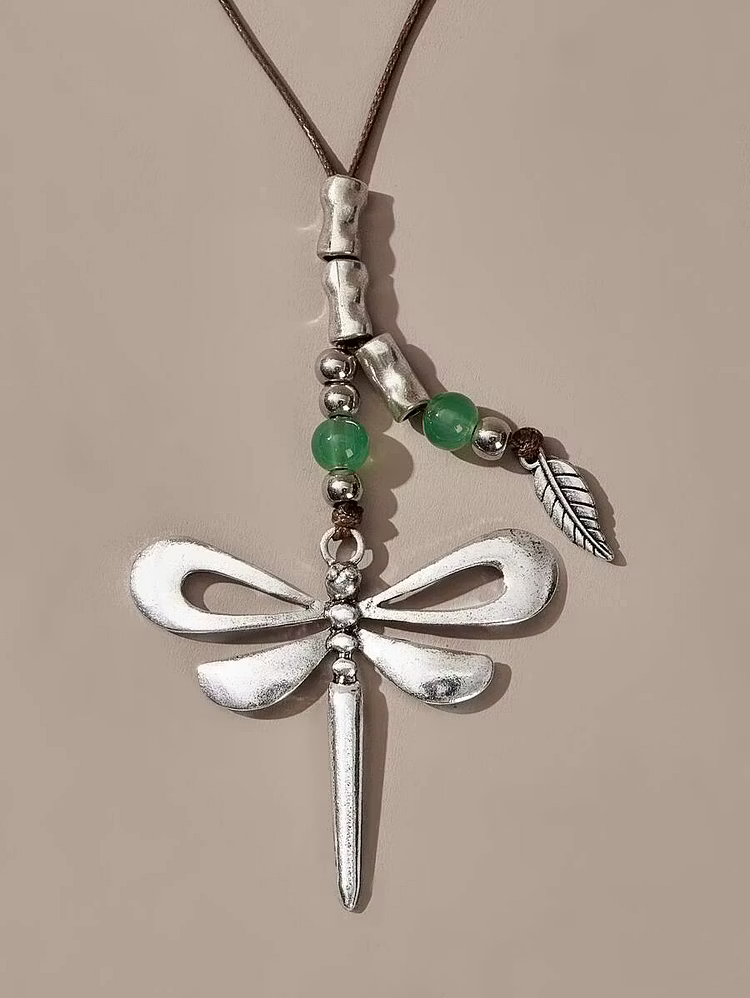 Aoaome Vintage Bohemian Style Metallic Dragonfly Pendant Leather Cord Necklaces