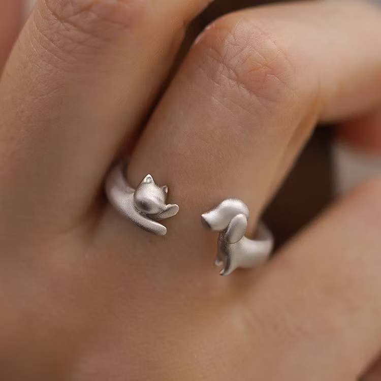 Aoaome Vintage Cat And Dog Silver Open Rings