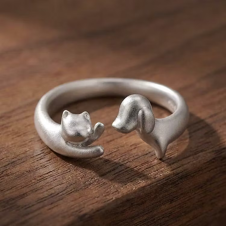 Aoaome Vintage Cat And Dog Silver Open Rings