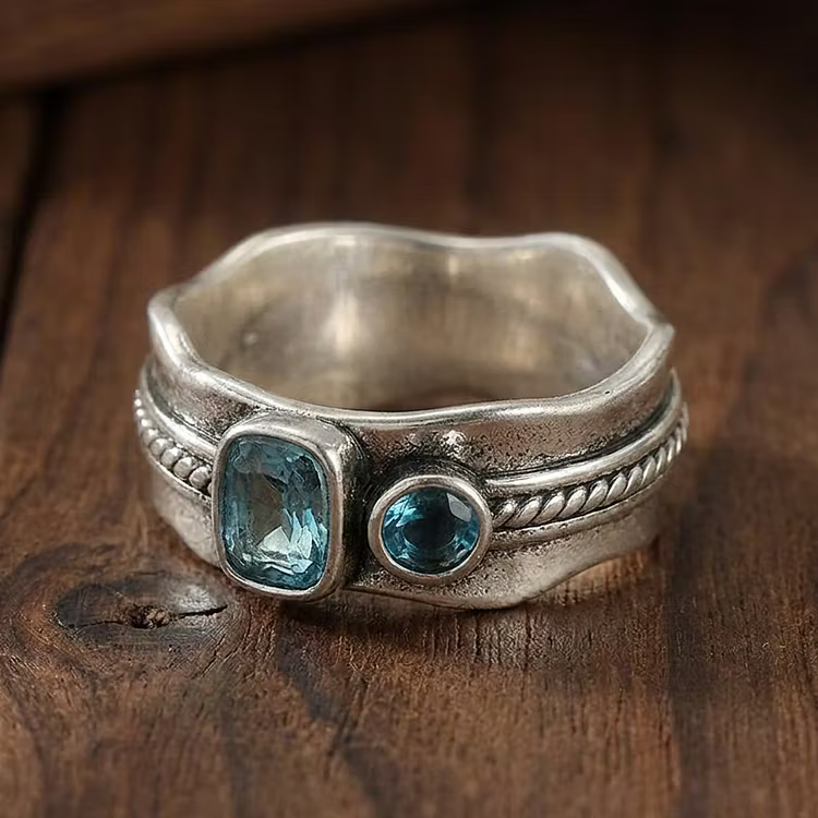 Aoaome Vintage Dual Blue Topaz Silver Wide Band Rings