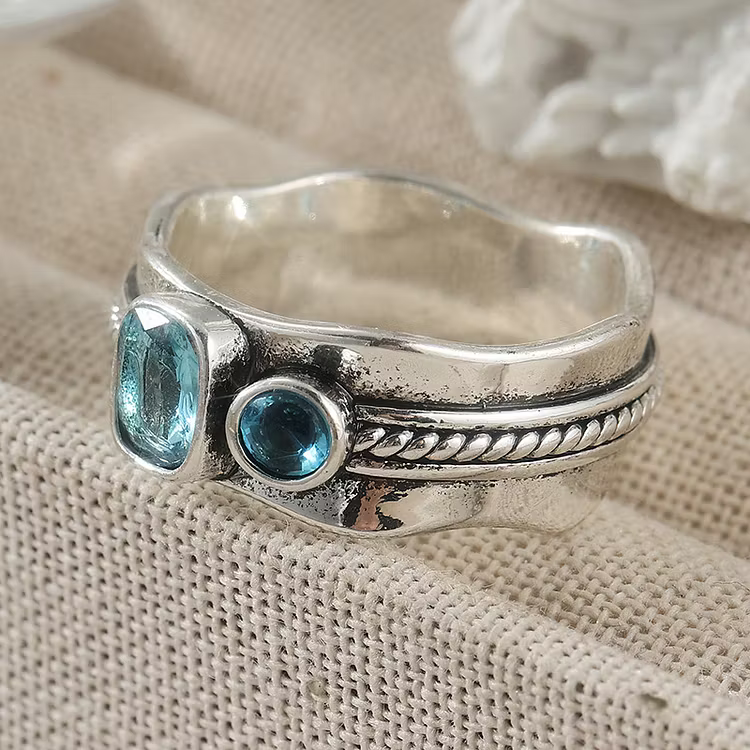 Aoaome Vintage Dual Blue Topaz Silver Wide Band Rings