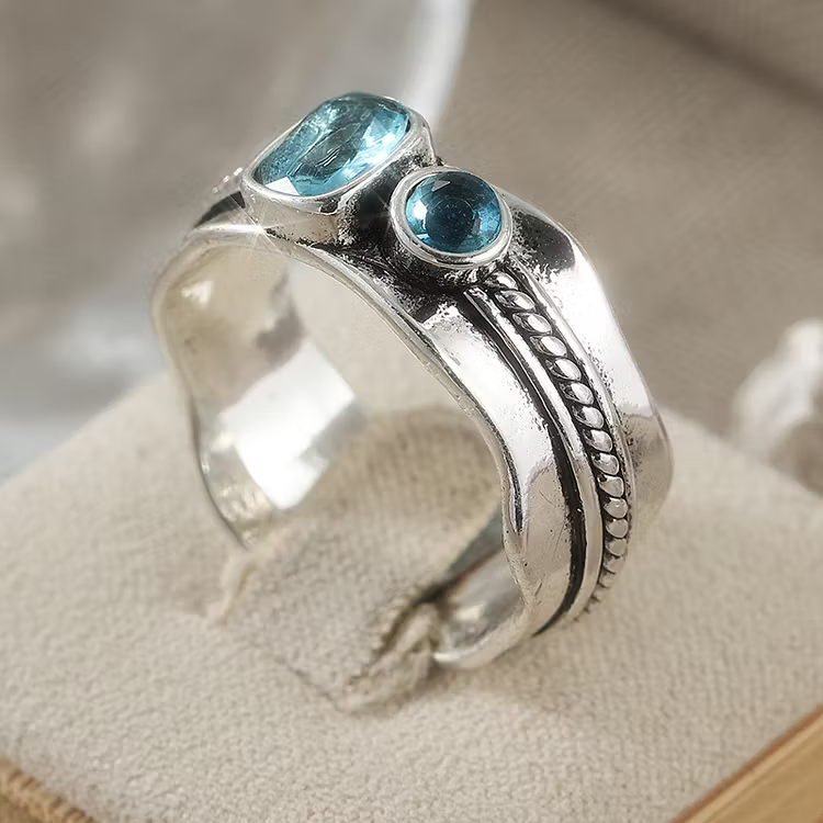 Aoaome Vintage Dual Blue Topaz Silver Wide Band Rings