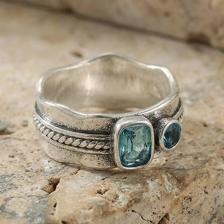 Aoaome Vintage Dual Blue Topaz Silver Wide Band Rings