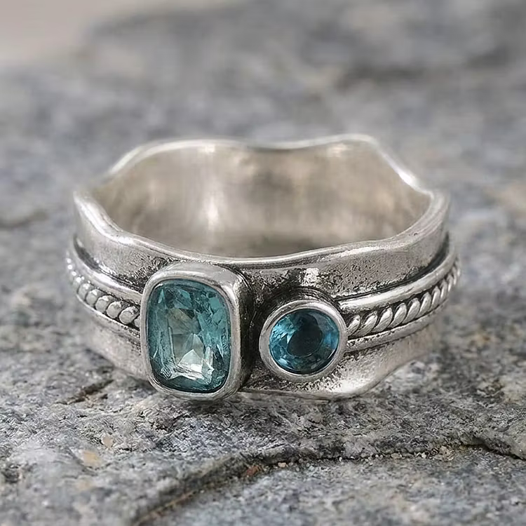 Aoaome Vintage Dual Blue Topaz Silver Wide Band Rings