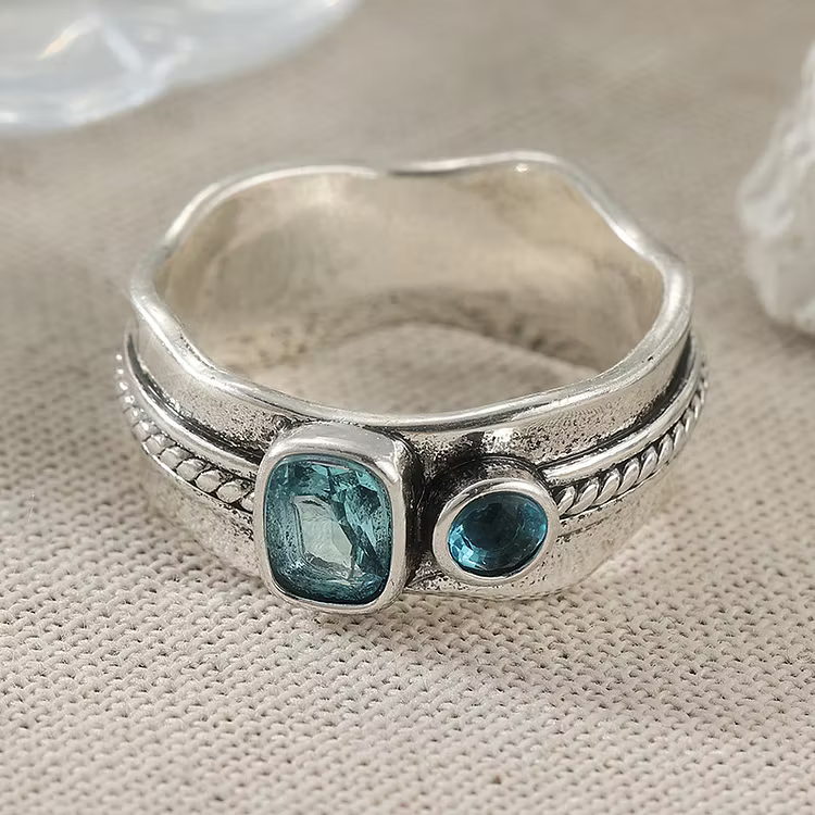 Aoaome Vintage Dual Blue Topaz Silver Wide Band Rings