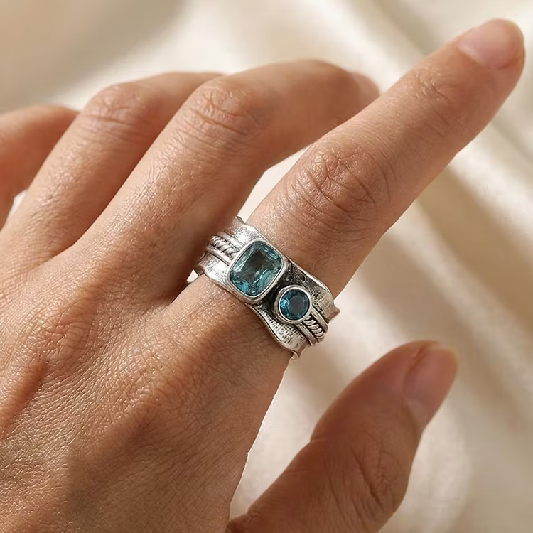Aoaome Vintage Dual Blue Topaz Silver Wide Band Rings