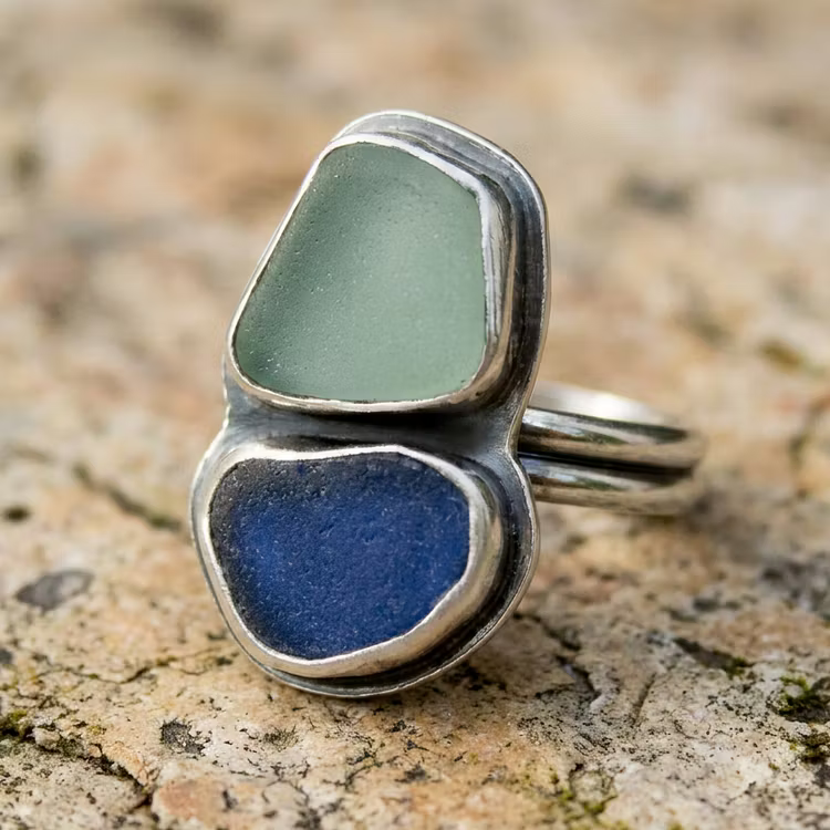 Aoaome Vintage Dual Sea Glass Silver Statement Rings