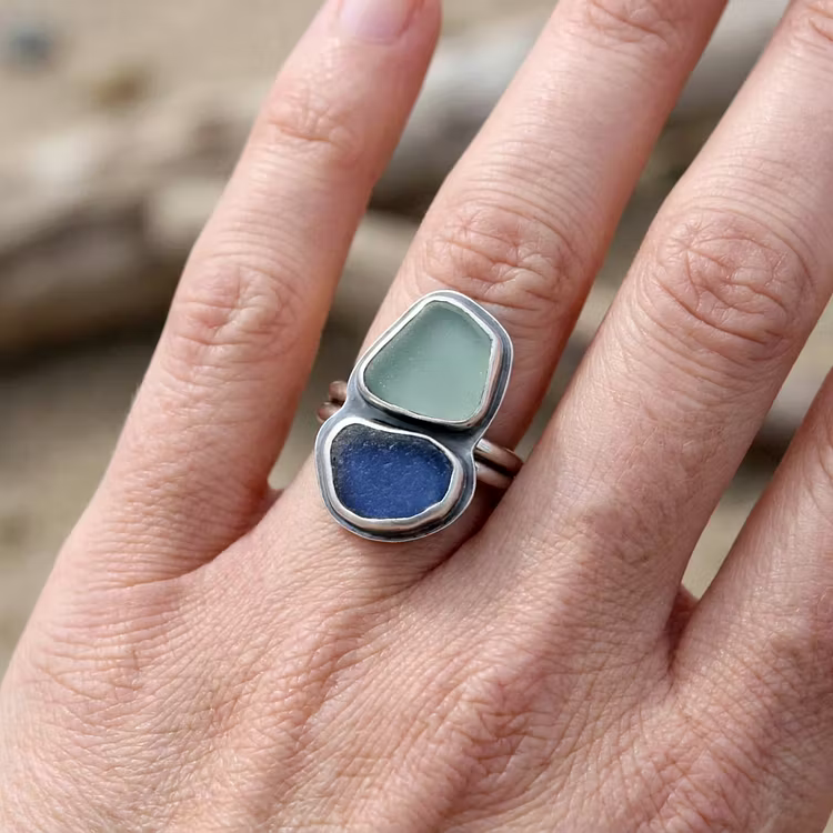 Aoaome Vintage Dual Sea Glass Silver Statement Rings