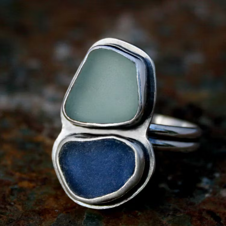 Aoaome Vintage Dual Sea Glass Silver Statement Rings