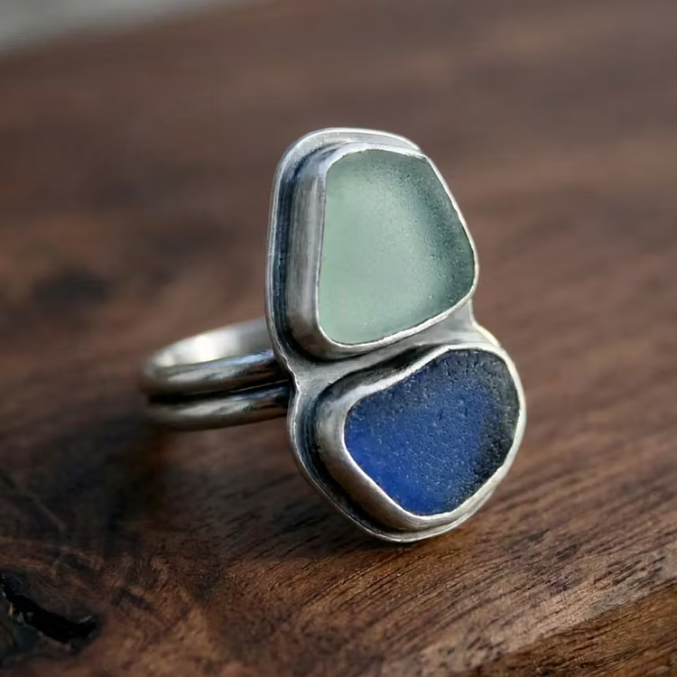 Aoaome Vintage Dual Sea Glass Silver Statement Rings