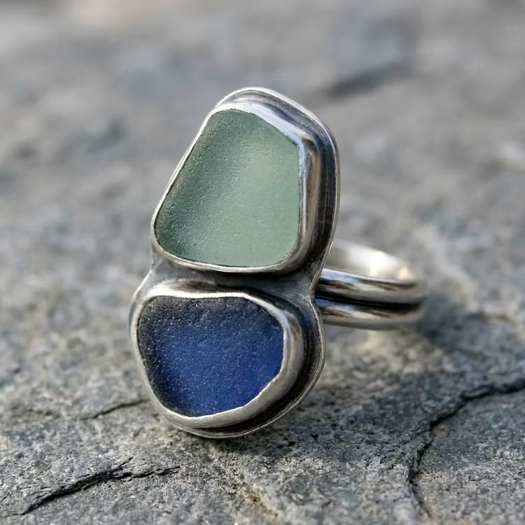 Aoaome Vintage Dual Sea Glass Silver Statement Rings