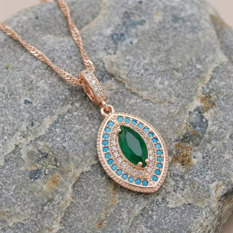 Aoaome Vintage Emerald Turquoise Halo Pendant Necklaces