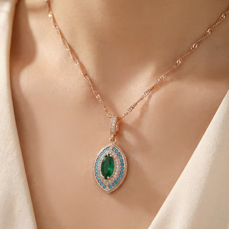 Aoaome Vintage Emerald Turquoise Halo Pendant Necklaces