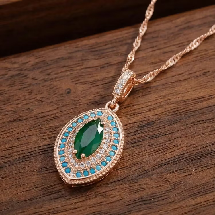 Aoaome Vintage Emerald Turquoise Halo Pendant Necklaces