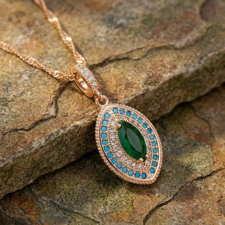 Aoaome Vintage Emerald Turquoise Halo Pendant Necklaces
