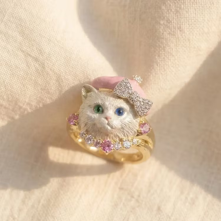 Aoaome Vintage Enamel Cat with Diamonds Pink Sapphires Rings