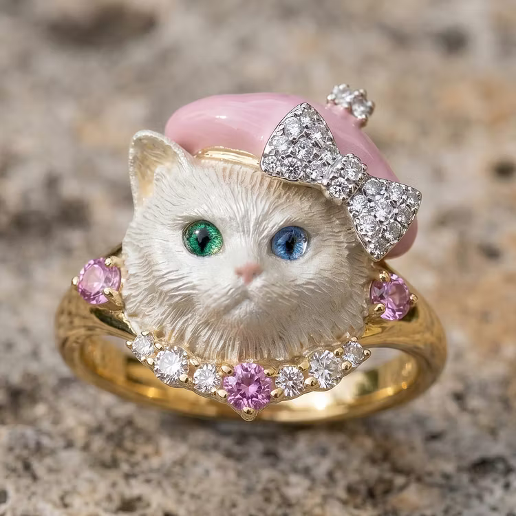 Aoaome Vintage Enamel Cat with Diamonds Pink Sapphires Rings