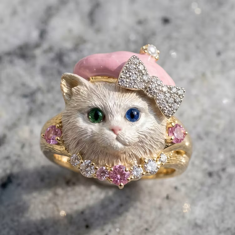 Aoaome Vintage Enamel Cat with Diamonds Pink Sapphires Rings
