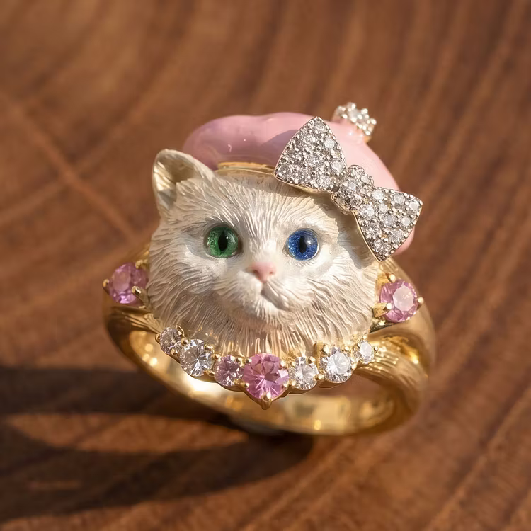 Aoaome Vintage Enamel Cat with Diamonds Pink Sapphires Rings