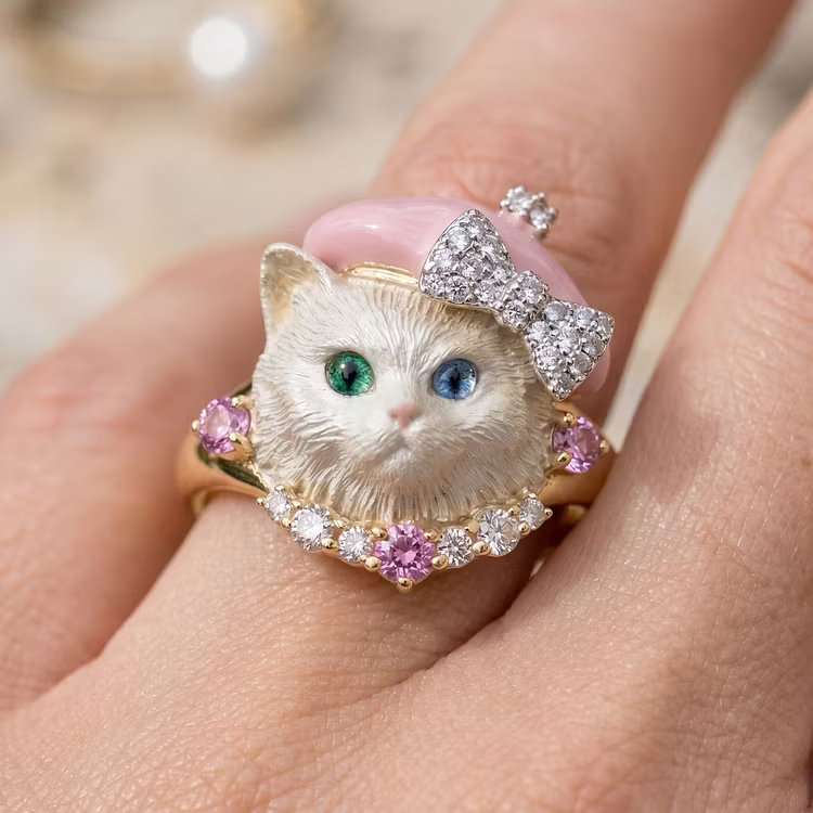 Aoaome Vintage Enamel Cat with Diamonds Pink Sapphires Rings