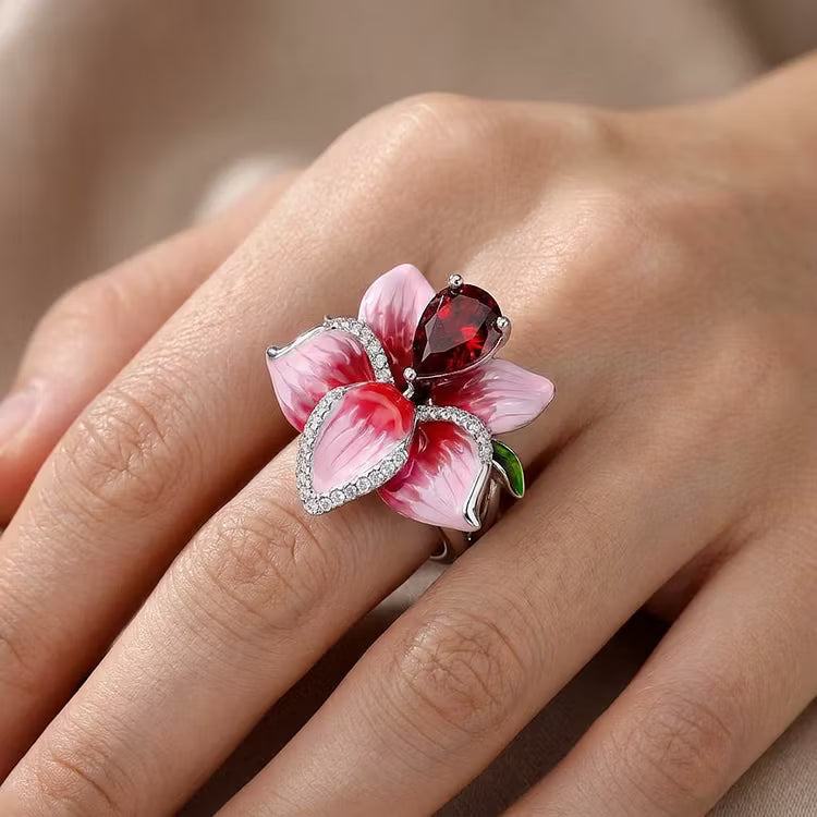 Aoaome Vintage Enamel Flower Garnet Silver Rings