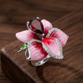 Aoaome Vintage Enamel Flower Garnet Silver Rings