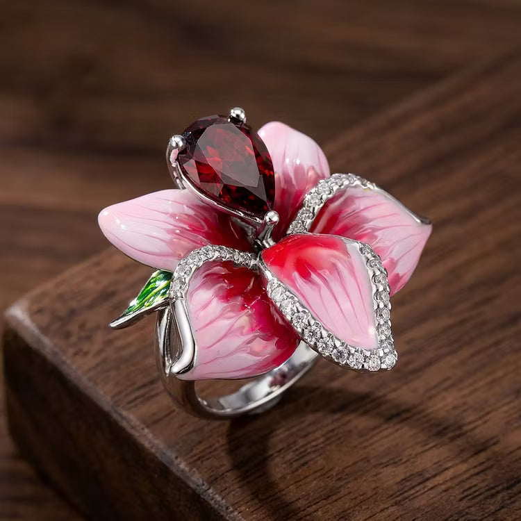 Aoaome Vintage Enamel Flower Garnet Silver Rings
