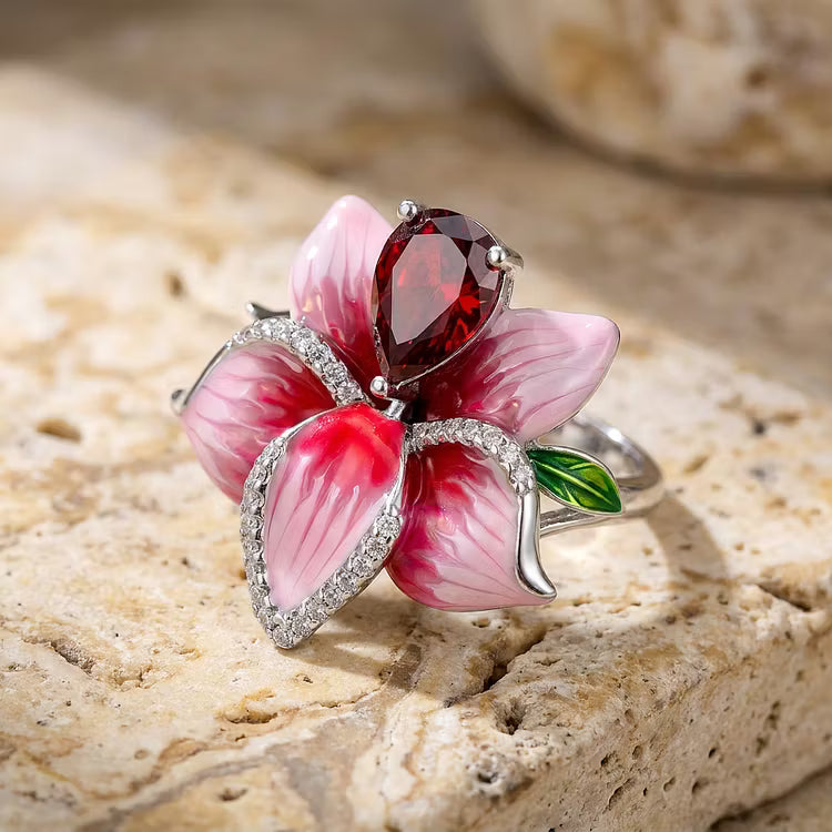 Aoaome Vintage Enamel Flower Garnet Silver Rings