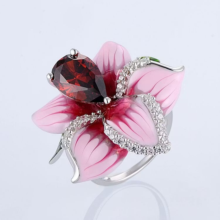 Aoaome Vintage Enamel Flower Garnet Silver Rings