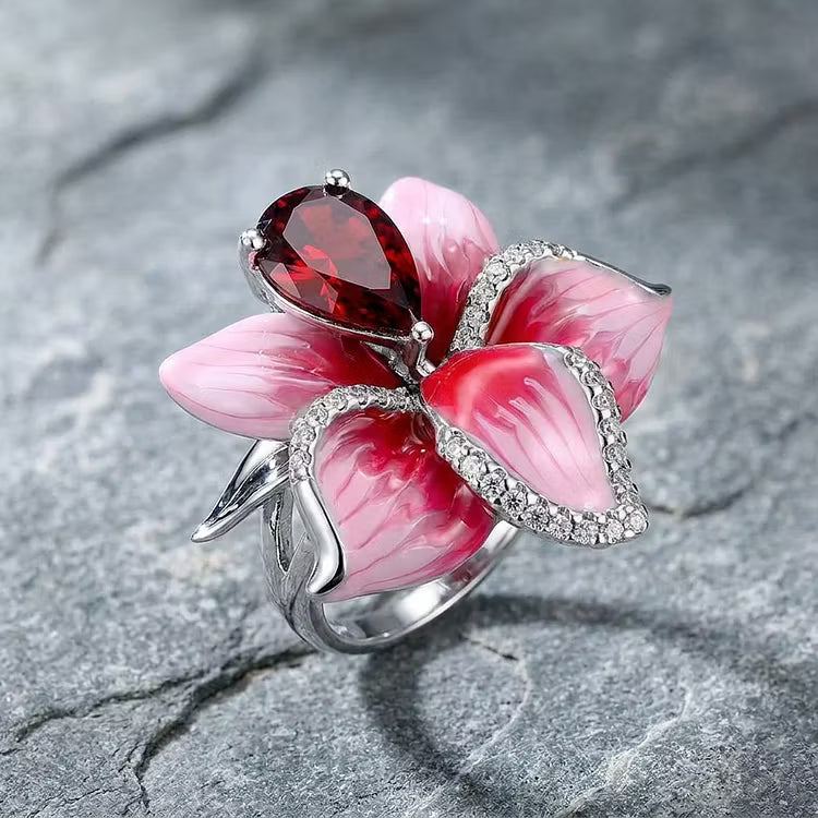 Aoaome Vintage Enamel Flower Garnet Silver Rings