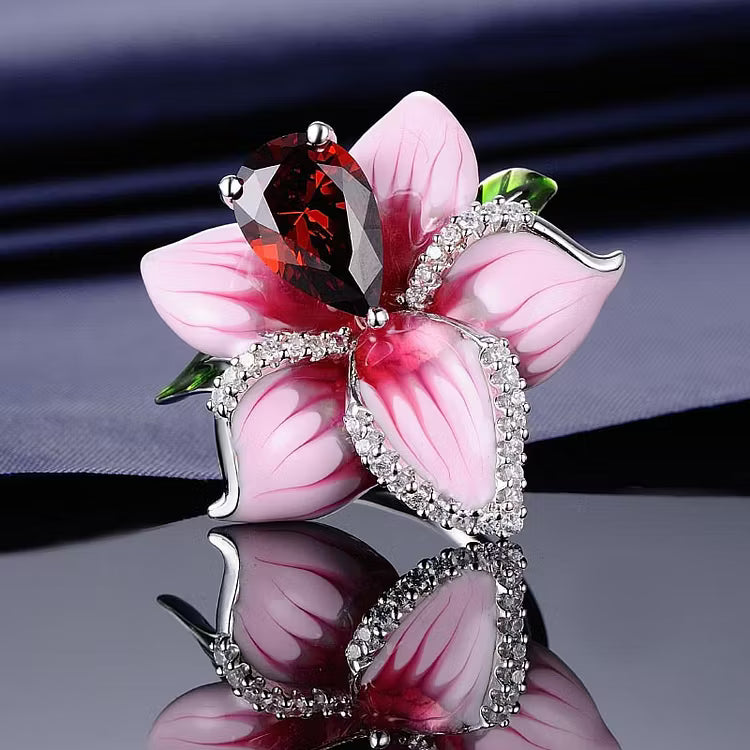 Aoaome Vintage Enamel Flower Garnet Silver Rings