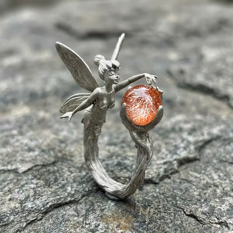 Aoaome Vintage Fairy Sunstone Silver Rings