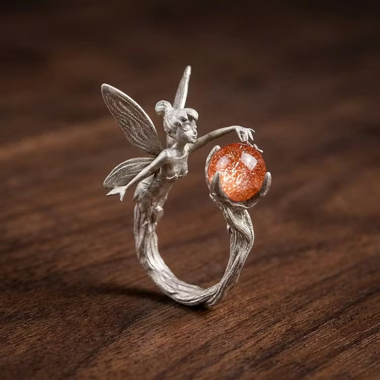 Aoaome Vintage Fairy Sunstone Silver Rings