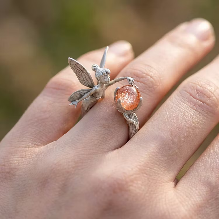 Aoaome Vintage Fairy Sunstone Silver Rings