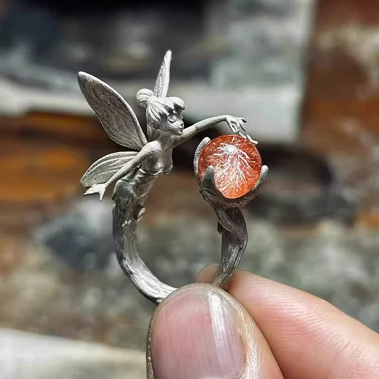 Aoaome Vintage Fairy Sunstone Silver Rings