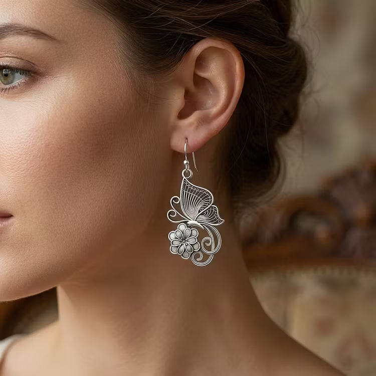 Aoaome Vintage Filigree Silver Butterfly and Flower Drop Earrings