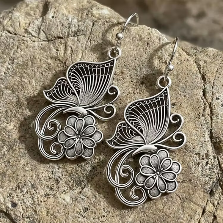 Aoaome Vintage Filigree Silver Butterfly and Flower Drop Earrings