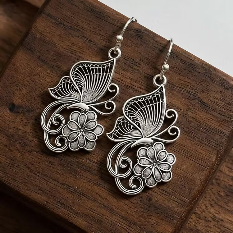 Aoaome Vintage Filigree Silver Butterfly and Flower Drop Earrings