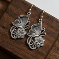 Aoaome Vintage Filigree Silver Butterfly and Flower Drop Earrings