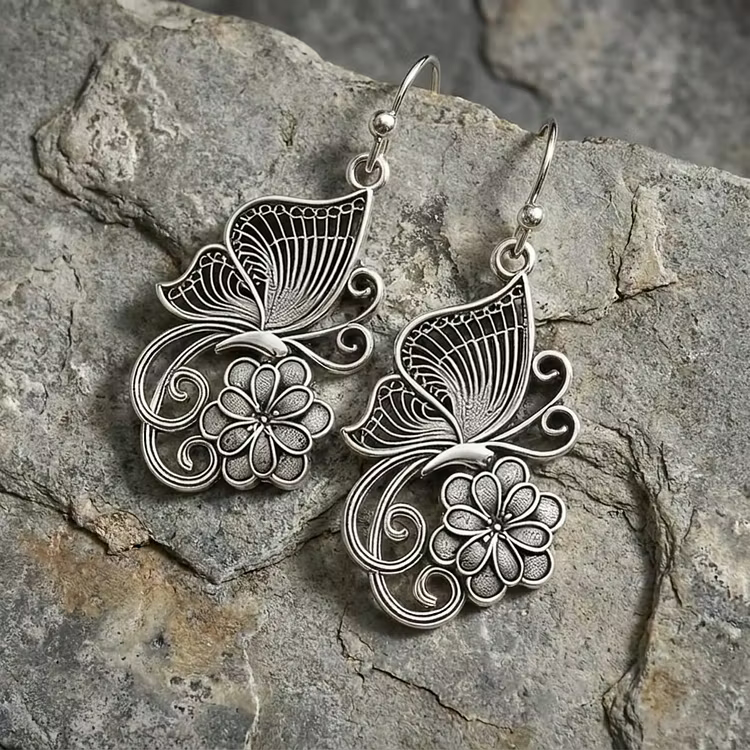 Aoaome Vintage Filigree Silver Butterfly and Flower Drop Earrings