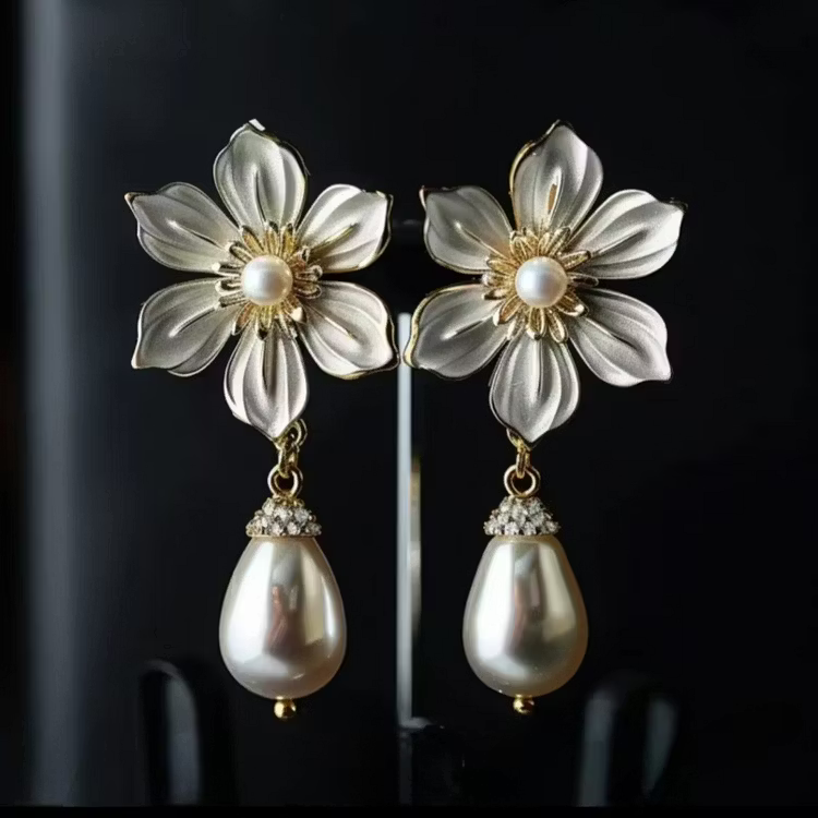 Aoaome Vintage Flower Pearl Earrings