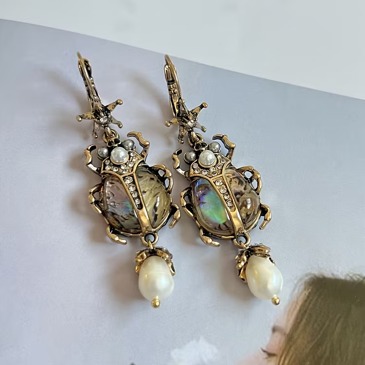 Aoaome Vintage Freshwater Pearl Insect Dangle Earrings