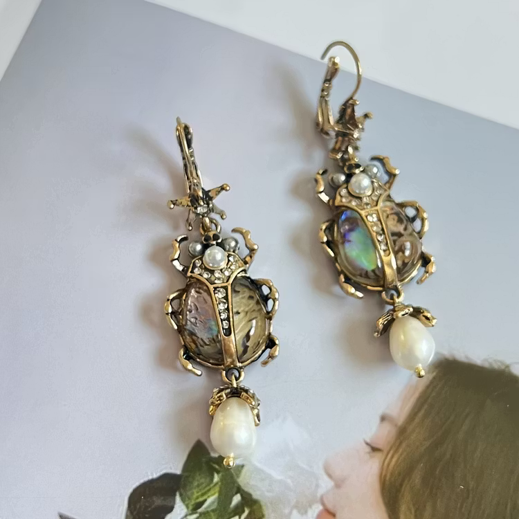 Aoaome Vintage Freshwater Pearl Insect Dangle Earrings