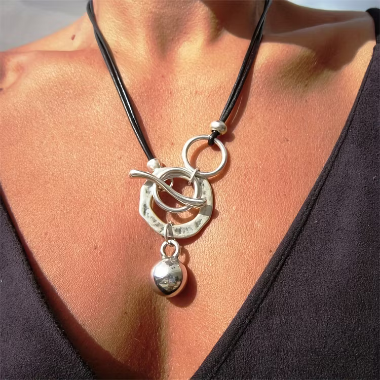 Aoaome Vintage Geometric Circle Leather Cord Pendant Necklaces