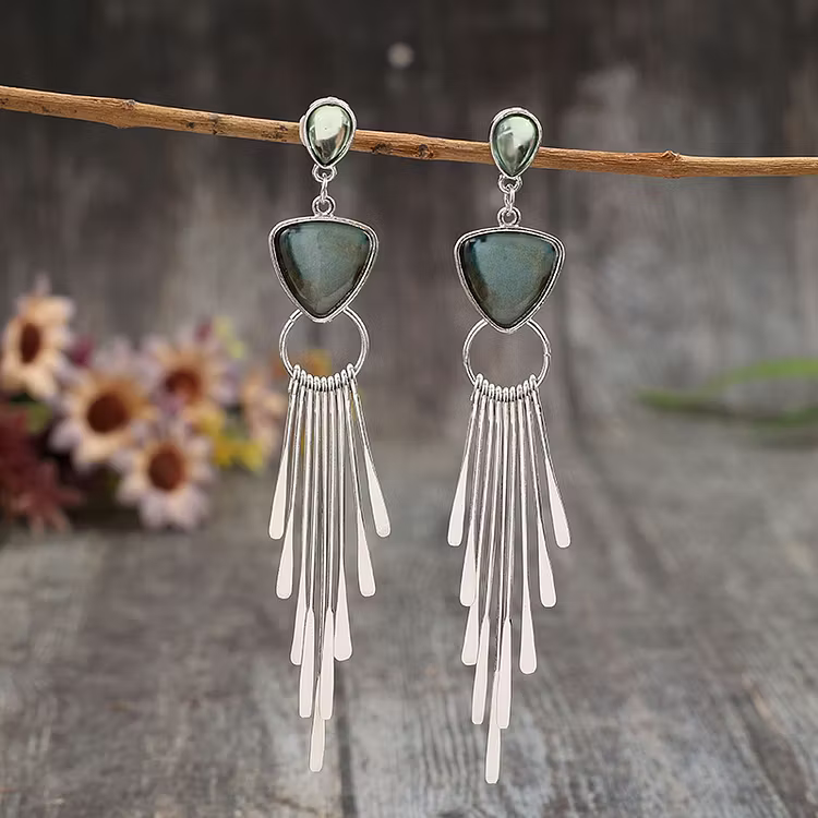 Aoaome Vintage Geometric Tassel Inlaid Gemstone Earrings