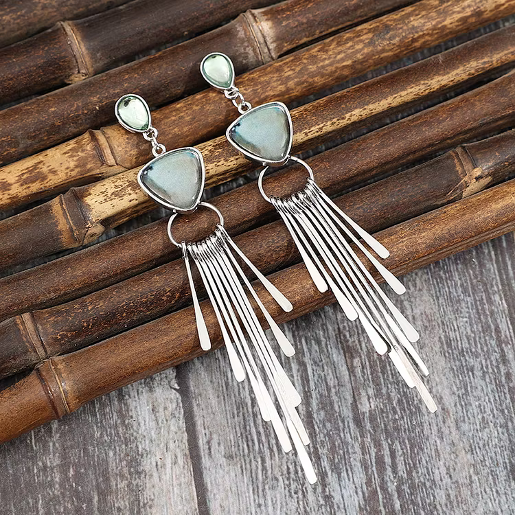 Aoaome Vintage Geometric Tassel Inlaid Gemstone Earrings