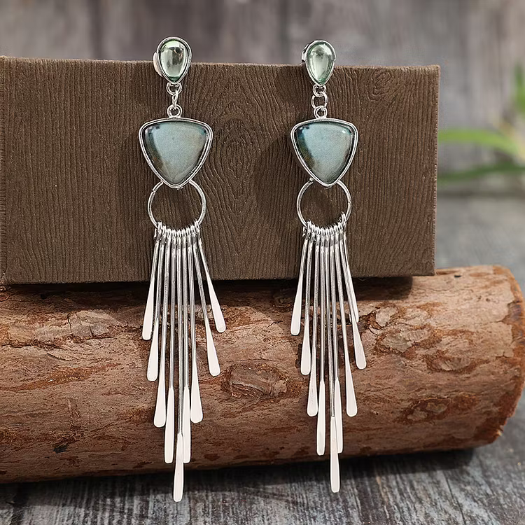 Aoaome Vintage Geometric Tassel Inlaid Gemstone Earrings
