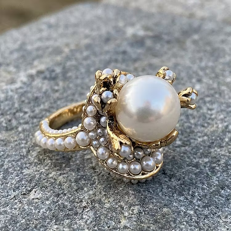 Aoaome Vintage Gold Floral Pearl Statement Rings
